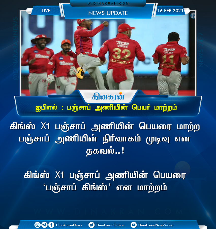 DinakaranNews's tweet photo. ஐபிஎல் கிங்ஸ் X1 பஞ்சாப் அணியின் பெயர் மாற்றம் #ipl20201 #KX1P #kingsPunjab https://t.co/Q7mbALUMgl