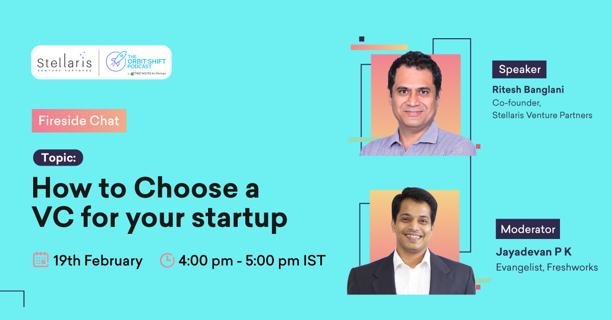 FreshworksInc's tweet photo. When it comes to fundraising, it's better to be safe than sorry.

In the first LIVE edition of The Orbit Shift Podcast, @banglani, co-founder at @Stellaris_VP will discuss how to pick a VC along with @therealjpk, Evangelist at Freshworks.

Sign up here: https://t.co/l3wRTIaP3v https://t.co/0obpQdCErk
