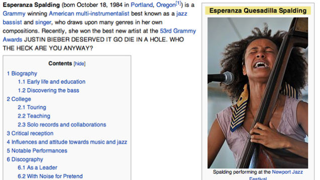 this week ten years ago, angry justin bieber fans edited esperanza spalding's wiki page after she beat out bieber for "best new artist" at the grammys:
