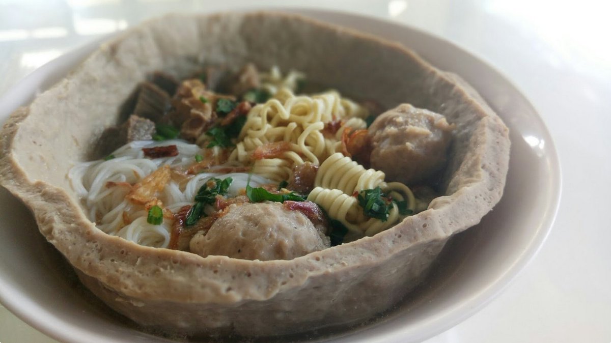 Bowl of Bakso. As in: the bowl is made of bakso. Look at it. It's disgusting. And the bowl that is made of bakso is served in a bowl of bakso. It's disgustingly meta and I need to try this. But it is also environmentally sustainable. Imagine if your pizza is wrapped in a pizza.
