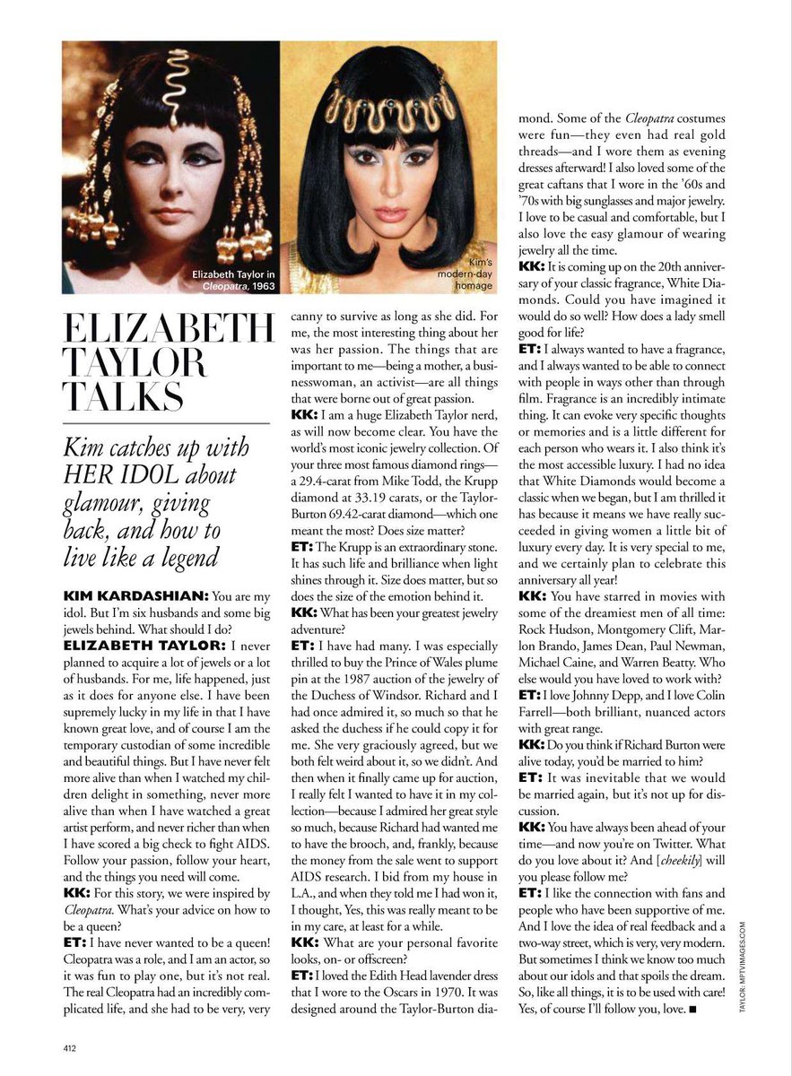 and kim, in cleopatra cosplay, interviewed elizabeth taylor for harper's bazaar - it would be taylor's last interview: