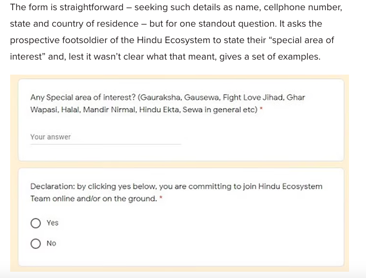 The article tells us how KM's Hindu Ecosystem recruits members. This is all in public domain and voluntary.