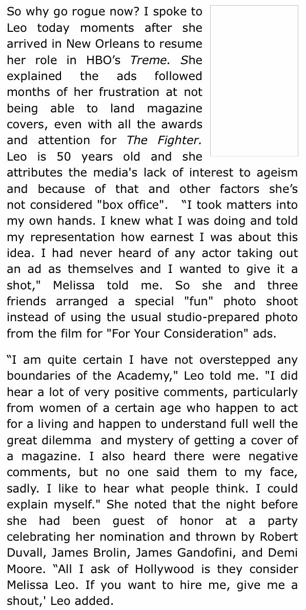 also oscar-winner-to-be melissa leo took out her own campaign ads in hollywood trades: