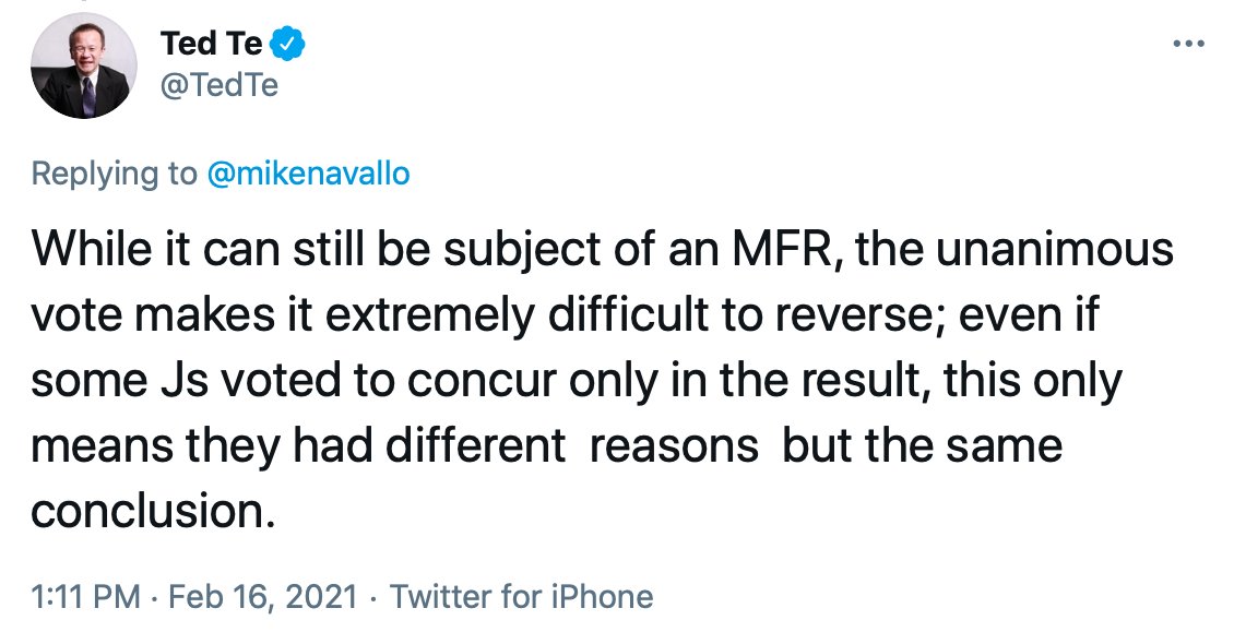 Can Marcos still appeal? Former SC spox Ted Te says that while motion for reconsideration is possible, it will be "extremely difficult to reverse" saying the votes of some justices concurring only in the result means they had different reasons but same conclusion. |  @mikenavallo