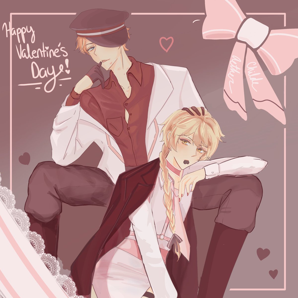 mochimimily's tweet image. I’m litErally a day late but who cares it’s valentines childe n aether YAY #genshinimpact #childether #タル空 #原神