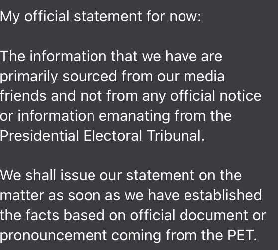 Marcos spox Vic Rodriguez says they will issue statement once facts have been established based on official document or pronouncement from PET. | via  @mikenavallo