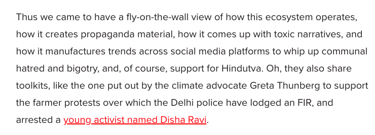 The article talks about communal hatred, bigotry, toxic narratives, etc. being 'peddled' by the group. Interestingly they don't pointed out what exactly was communal, toxic or bigoted in the group.Eventually they compare the group with the Greta Toolkit.