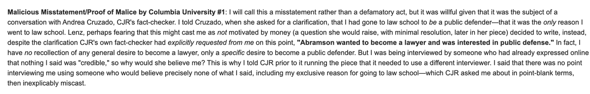 29/ (Intermission): Malicious Misstatement/Proof of Malice by Columbia University (#1)**I note in my email to the Columbia OGC several signs of malice in Lenz's article that are not themselves instances of defamation, but rather go toward motive, state of mind, and intent.