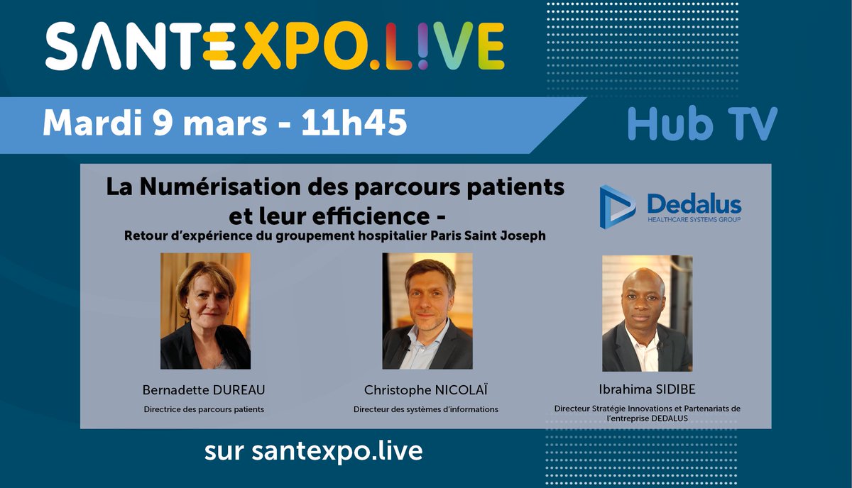 📢La Numérisation des parcours patients
 et leur efficience

Hub TV présentée par <a href="/Dedalus_France/">DEDALUS</a>

📅 Mardi 9 mars 
🕐11h45
📍santexpo.live

Pour s'inscrire à #SANTEXPOLIVE ➡bit.ly/3diCg7K

#SEL #digital #Sante #patients