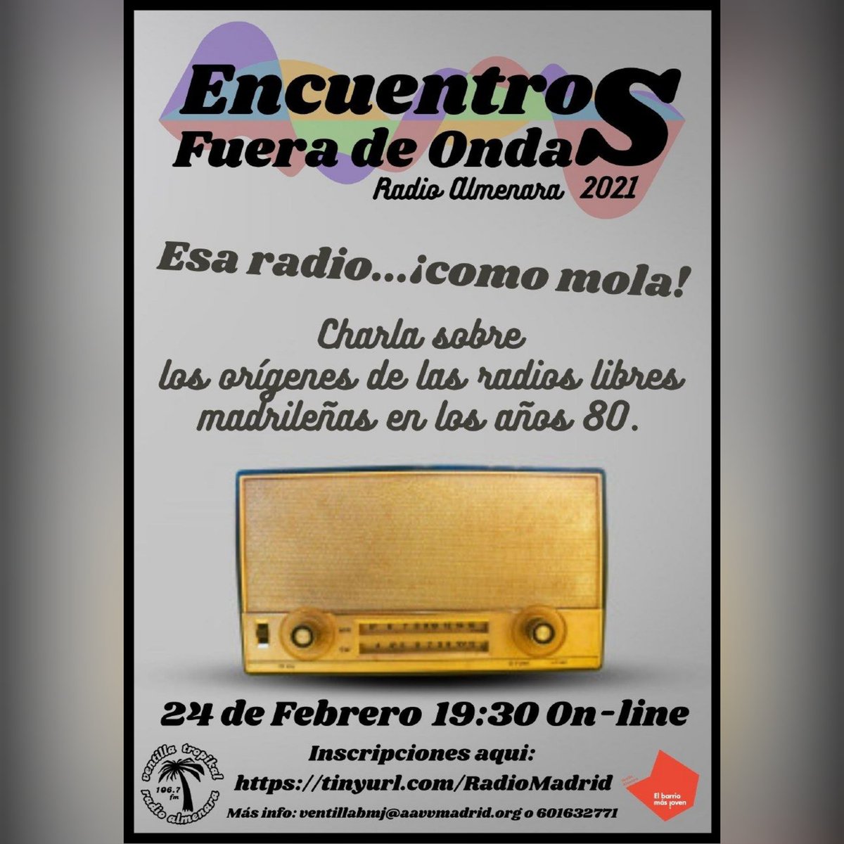 Encuentros Fuera de Ondas. Radio Almenara en colaboración de  Barrio Más Joven lanza está iniciativa de charlas y talleres.

"Esa radio... ¡Como mola!"
Con José Emilio Pérez Martínez, "Semi"

 Apúntate, rellena el formulario tinyurl.com/RadioMadrid

 @Barriomasjoven <a href="/URCMadrid/">URCMadrid</a>