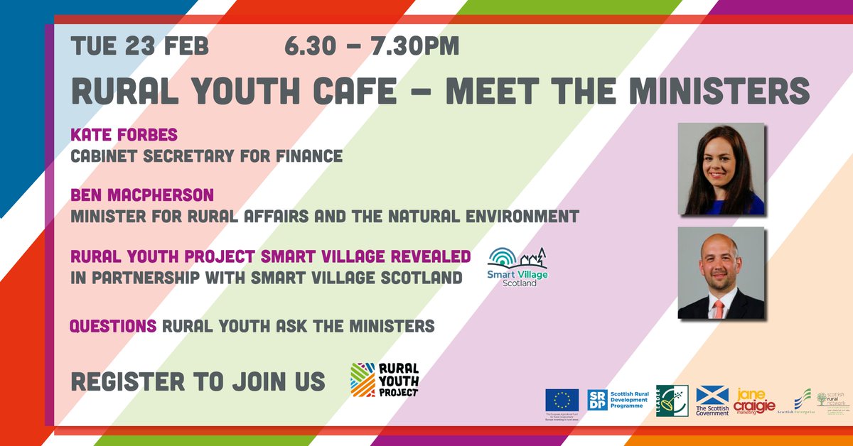 RYP2018's tweet photo. Our next virtual Rural Youth Café is on Tues 23 Feb 6:30pm with Cabinet Secretary @KateForbesMSP &amp; Minister @BenMacpherson sharing their journeys into government &amp; how they are supporting rural communities!

Submit your Q's &amp; secure your spot here 👉: https://t.co/WL1pLtWBOF https://t.co/mBAKEqJrb7