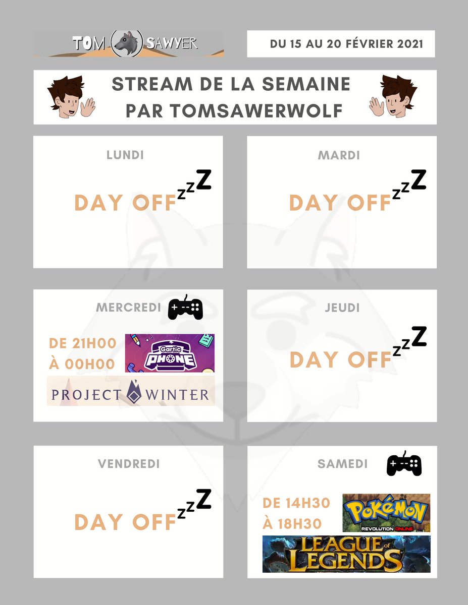 Avec un peu de retard, voici le programme de la semaine ! Il est light car ma 4G arrive a son therme, en espérant en avoir assez ! Celui ci a été réalisé par Youlroux merci à lui 🙌🏻