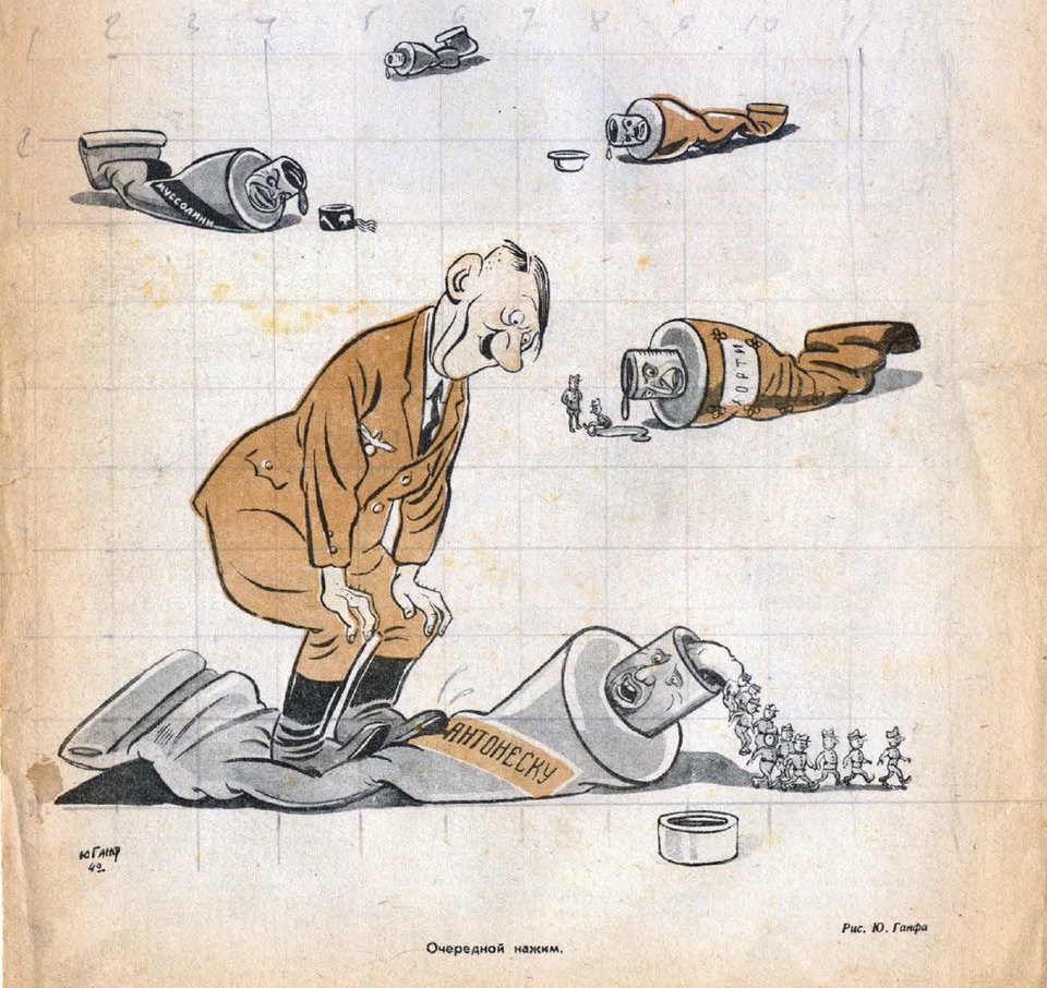 4. En octobre 1942 Ganf représente Hitler, peintre manqué, qui extrait tout ce qu’il peut de ses alliés : Mussolini, Horthy, Antonescu