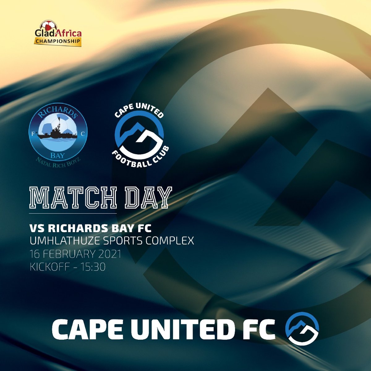 🚨MATCH DAY🚨

🏆 #GladAfricaChampionship 
⚽️ <a href="/Richards_Bay_FC/">Richards bay FC official</a> 🏄‍♂️ vs 🌀 #CapeUnited 
🏟 uMhlathuze Sports Complex
📅 16 February '21
🕞 15:30
📻 Catch My LIVE Updates via <a href="/capeumoyafc/">Cape Umoya UTD FC</a> page
#TheSpiritedOnes