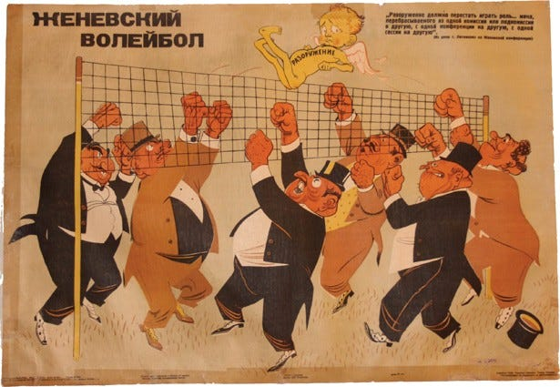 2. En 1932 il représente les négociations de désarmement à Genève comme une partie de volley-ball entre ploutocrates, le ballon étant le malheureux « désarmement »[NB féru d'icono mais non russophone, je ne garantis pas les légendes / traductions] https://www.liveauctioneers.com/item/9207886_65-ganf-yu-volleyball-in-geneva-1932