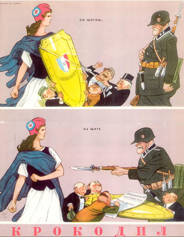 10. Incursion en France, en 1955 pour la ratification des accords de Paris, il dessine cette Marianne menacée par le réarmement allemand (et les ploutocrates). Allusion au rôle résistant du PCF ? Dessin du 20/1/55