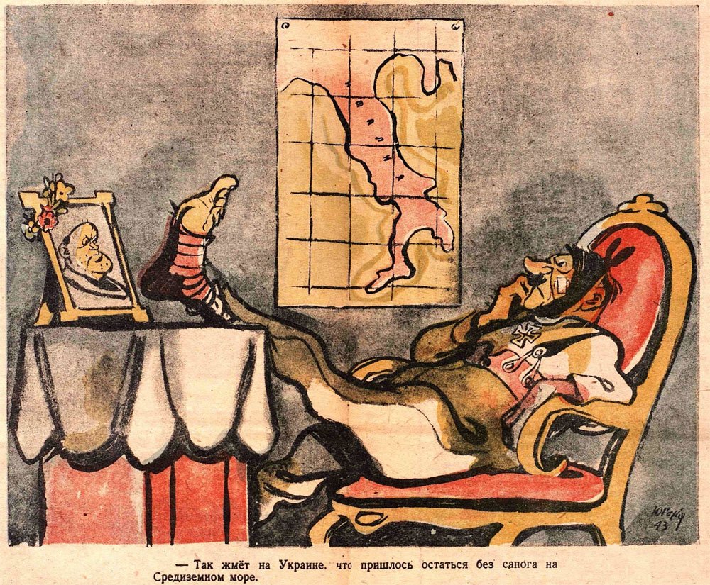 5. Peu après, toujours des déconvenues pour Hitler en Italie : « privé d’une botte » avec la chute de Mussolini (Krokodil 32, 1943) ; et un autre Hitler aux abois la même année (légende = ?)