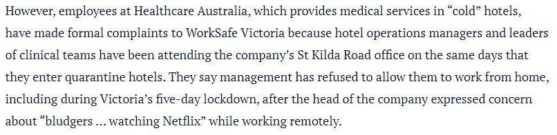 1) Healthcare Australia is not management by the Victorian Government2) Work from home arrangements at Health Care Australia has NOTHING to do with the Victorian Government and NOTHING to do with working at multiple quarantine sites