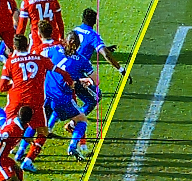 I've not been able to get information that convinces me this onside decision was correct without any serious doubt.A line drawn from the badge goes past the edge of the knee and lands inside the yellow defensive line. That suggests that Daniel Amartey was marginally offside.
