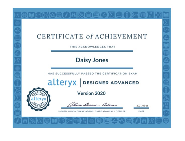 Look at this new certificate I got! #Alteryx Advanced certified now!