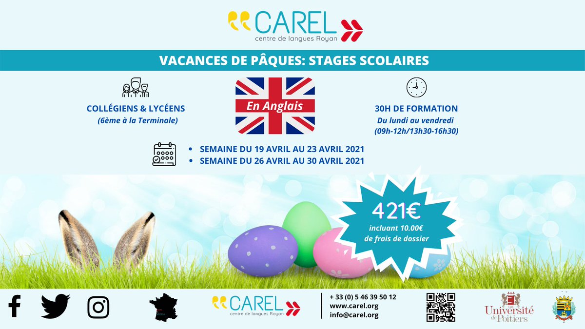 lecarel's tweet photo. Les inscriptions pour les vacances de pâques sont ouvertes ! 

Si vous êtes collégien ou lycéen alors ce stage est fait pour vous ! 

Alors ne tardez plus, contactez-nous vite au 05 46 39 50 29 !
Ou inscrivez-vous directement en ligne: 
https://t.co/KZQoAqlNRJ https://t.co/Js44CnHXL6