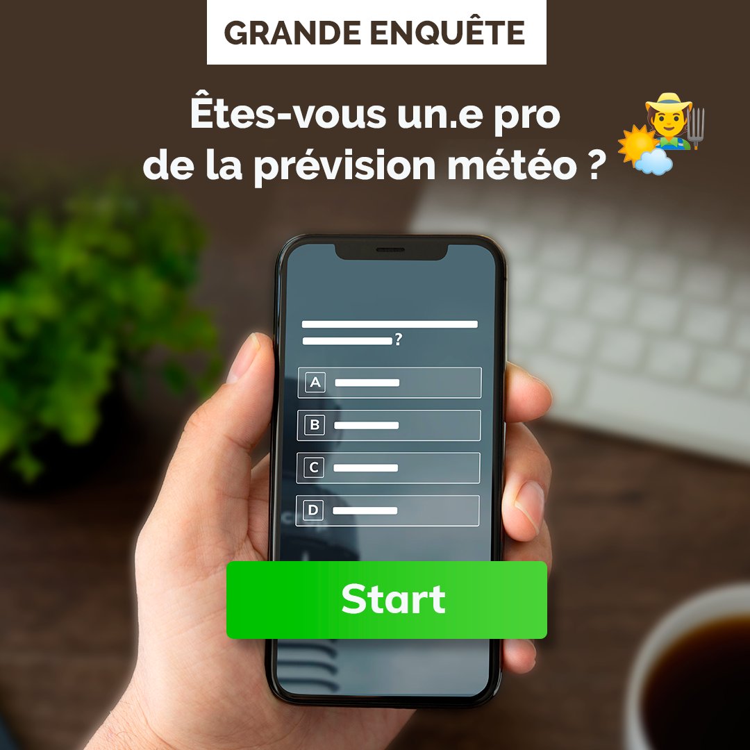 📣Votre avis nous intéresse 📣
Grande #enquête #météo #agricole 🚜
Testez vos connaissances et gagnez 1 mois d’abonnement gratuit 🎁 pour découvrir, en avant première, nos nouvelles fonctionnalités de #prévision 🤩
Nous avons hâte de vous lire 👇
hubs.la/H0GG8hD0
