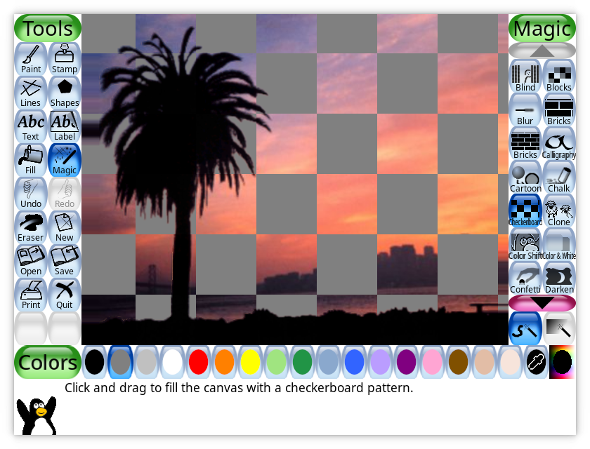 TuxPaintTweets's tweet photo. New "Checkerboard" magic tool coming in the next Tux Paint. https://t.co/5KjXxGK7Tt
