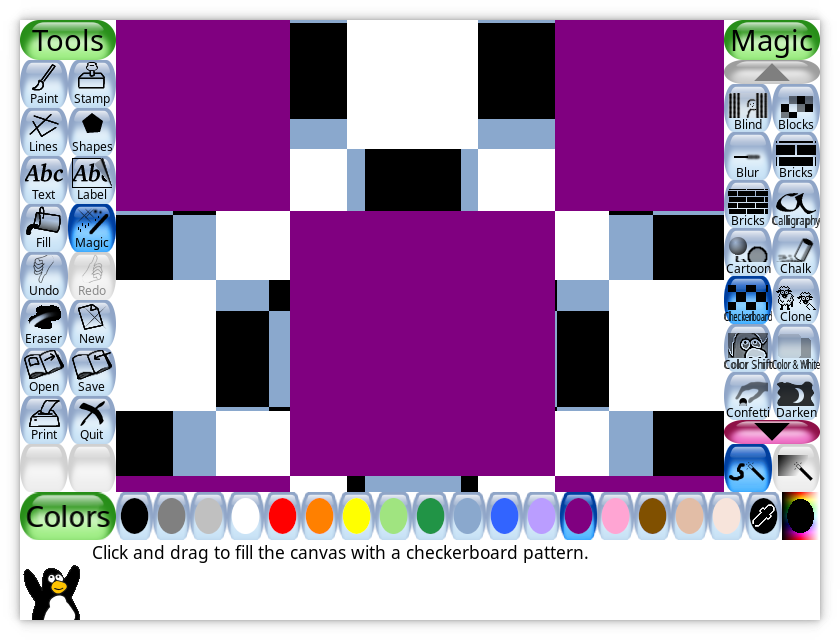 TuxPaintTweets's tweet photo. New "Checkerboard" magic tool coming in the next Tux Paint. https://t.co/5KjXxGK7Tt