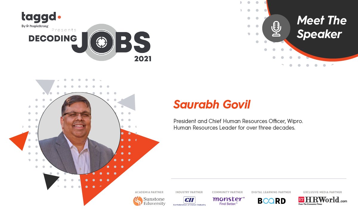 _taggd's tweet image. Globally recognized as a leading changemaker, @saurabh_govil has led development &amp;amp; execution of talent strategies that have created an engaging culture &amp;amp; brought sustainable shifts in workplace. Catch the exceptional strategist @#DecodingJobs2021 Register: bit.ly/3jR7oMB