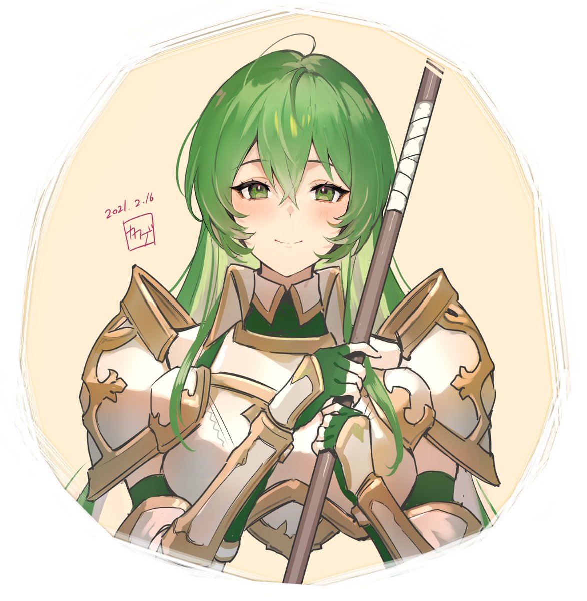 1girl green hair solo green eyes armor smile long hair  illustration images