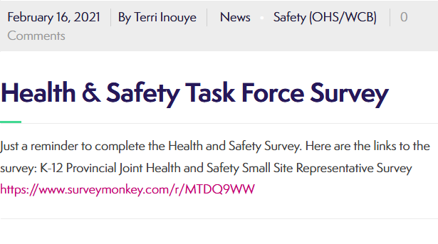 716Cupe's tweet photo. A reminder to H&S Committee Members to take the survey. Go to https://t.co/aXYlk2TObh and click on the link under news/updates. Your voice matters. #cupe716 #cupek12bc #healthandsafety https://t.co/WrpG6FbTFC