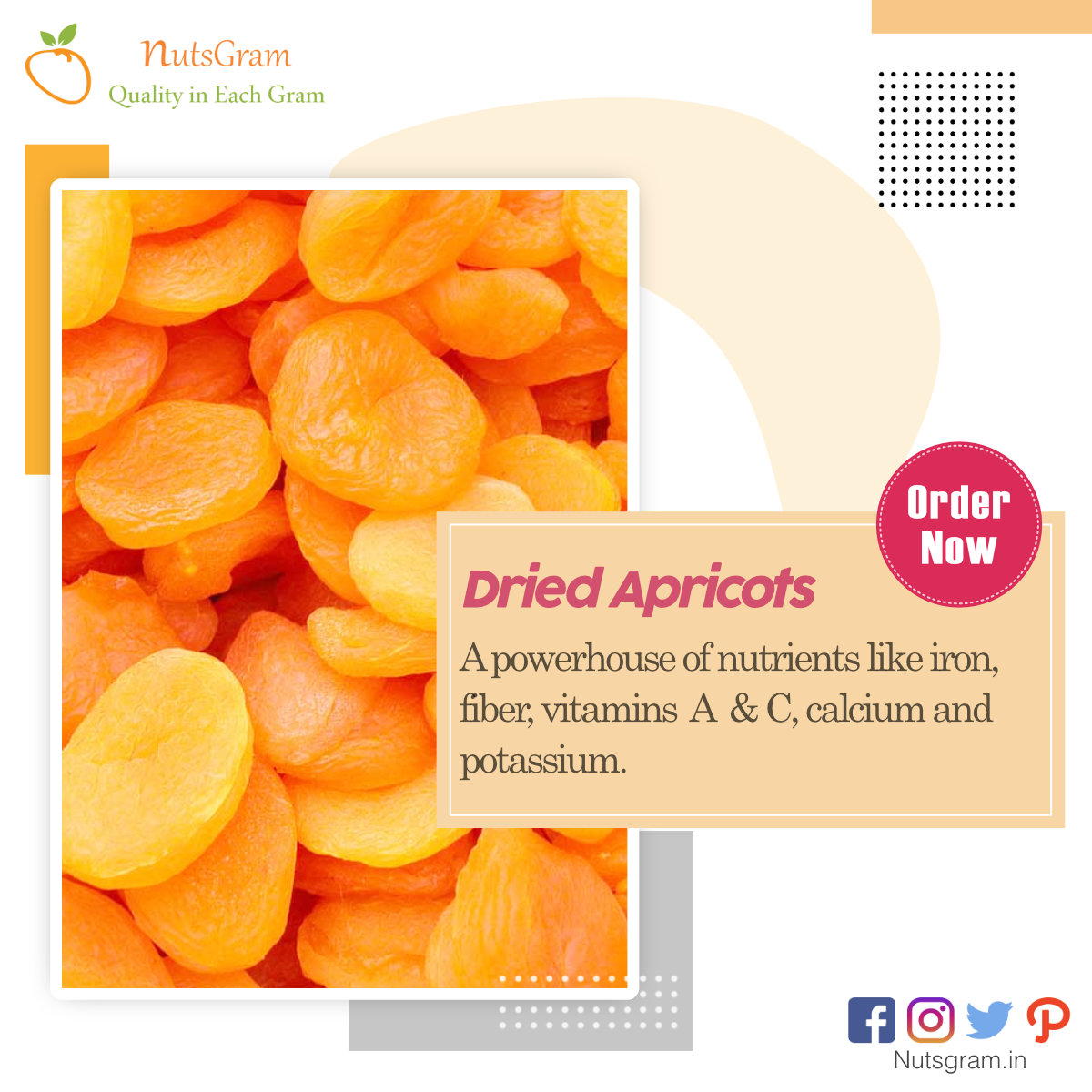 nutsgram's tweet photo. #DriedApricots powerhouse of nutrients, like iron, fiber, vitamins A & C, calcium and potassium. Shop Now 👉 https://t.co/HY11PNgTIF or Order at 9278271010 !!
#Walnuts #Almonds #Pistachios #Raisins #Dryfigs #Cashews #Apricots #Dates #DriedFruits #HealthySnacks #Snacks https://t.co/3reGBnrCUE