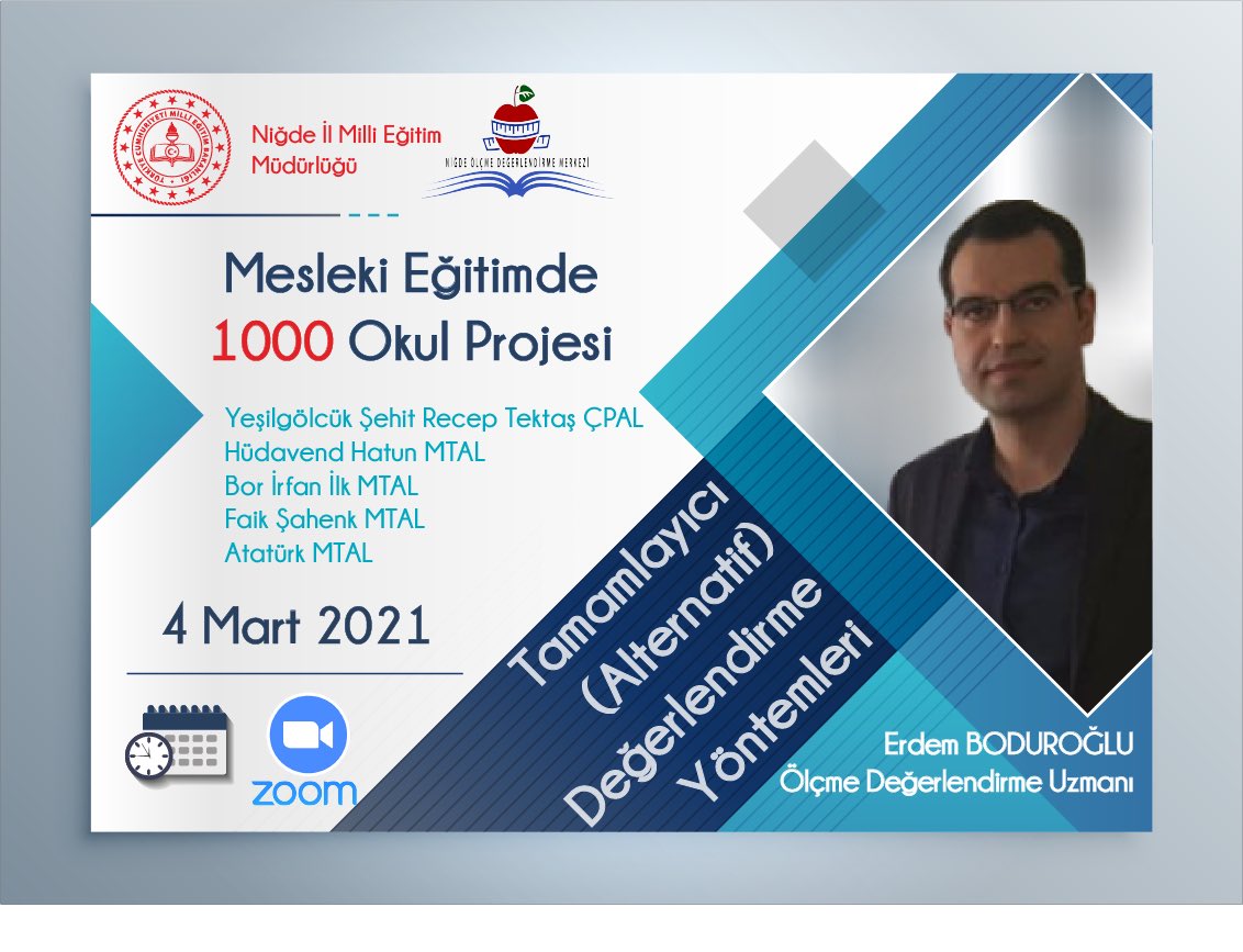 Mesleki Eğitimde 1000 Okul Projesi kapsamında “Tamamlayıcı Değerlendirme Yöntemleri Bilgilendirme Toplantısı” 4 Mart 2021 tarihinde merkezimiz koordinesinde gerçekleştirilecektir. 

<a href="/ziyaselcuk/">Ziya Selçuk</a> <a href="/SadriSensoy/">Şensoy Sadri</a> @SibelSatana <a href="/hibrahimyasar/">Halil İbrahim Yaşar</a> <a href="/ahmetsinanecer/">Ahmet Sinan ECER</a> <a href="/ercatim51/">Halis ERÇATIM</a> <a href="/nigdeilmem/">Niğde İl Millî Eğitim Müdürlüğü</a>