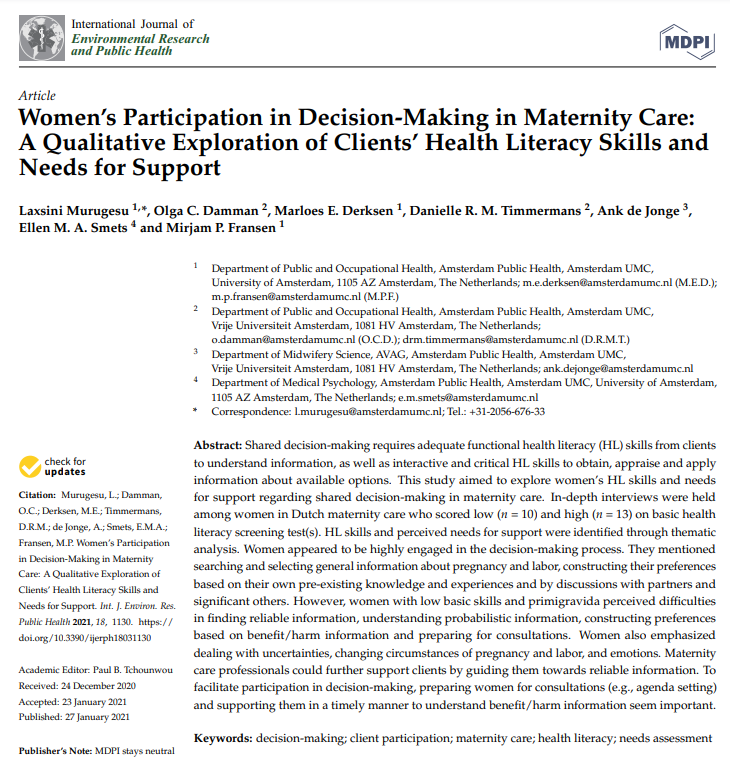 Welke #gezondheidsvaardigheden gebruiken vrouwen in de #besluitvorming rondom hun #zwangerschap en bevalling en welke ondersteuning hebben zij nodig in het besluitvormingsproces? Lees het in ons recente artikel. mdpi.com/1660-4601/18/3…