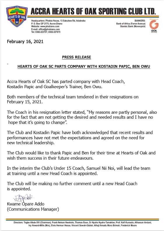 FreemanYeboa's tweet photo. Hearts of Oak have confirmed Kosta Papic's resignation from the club.

Below is the official statement released by the Accra giants regarding Papic's resignation. https://t.co/mO4sUBAEhe
