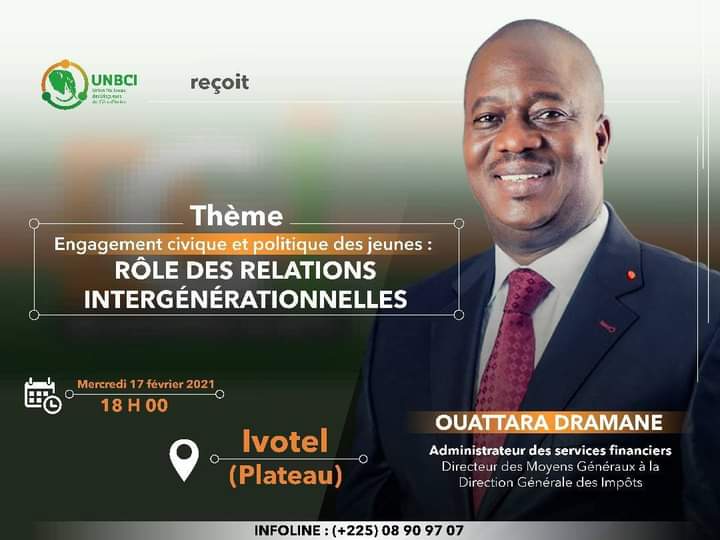 JeffAmann_'s tweet photo. L'Unbci reçoit monsieur Ouattara Dramane, Administrateur des services financiers, autour du thème : 

« Engagement civique et politique des jeunes : rôle des relations intergénérationnelles ». 

Ce mercredi 17 février, à IVOTEL, à 18h

#GoUNBCI #unbcirecoit #CIVBlog #CIV225 https://t.co/1XZmdntQWl