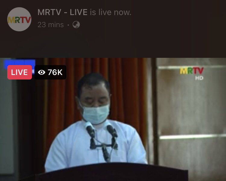 Live broadcast on MRTV now is a lie🚫.It is not the real voice of the people. The military and the people are not one. Only the military is using violence against the people.
#HearTheVoiceOfMyanmar 
#WhatsHappeningInMyanmar 
<a href="/freya_cole/">Freya Cole</a> <a href="/RapporteurUn/">UN Special Rapporteur Tom Andrews</a> <a href="/POTUS/">President Donald J. Trump</a>