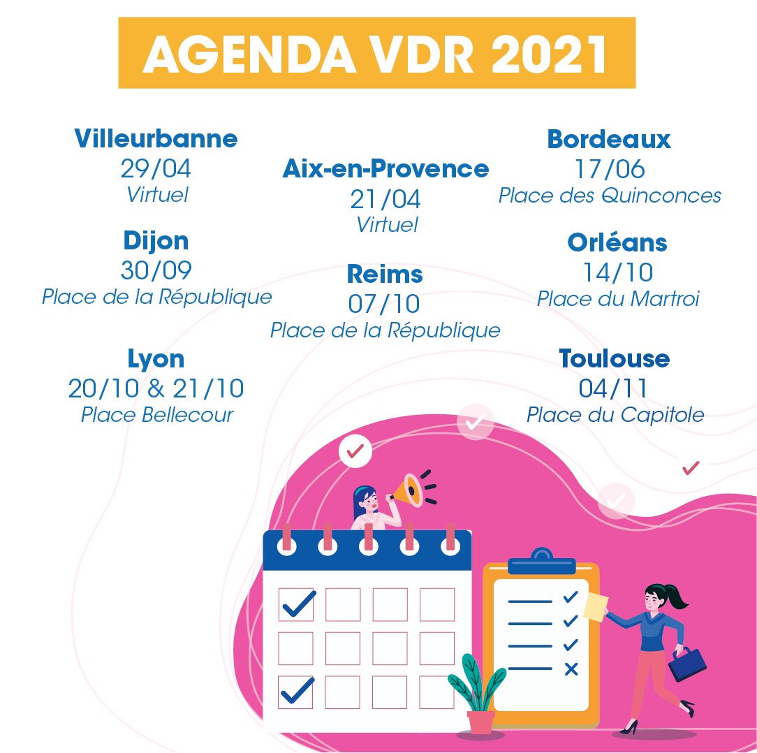 [Agenda 2021 🗓]
Le #VDR revient pour une 7ème tournée #emploi et #formation à : Aix-en-Provence, Villeurbanne, Bordeaux, Dijon, Reims, Orléans, Lyon et Toulouse. 💥

Vous êtes candidats ? Participez au VDR pour trouver votre futur emploi ou formation 🚀