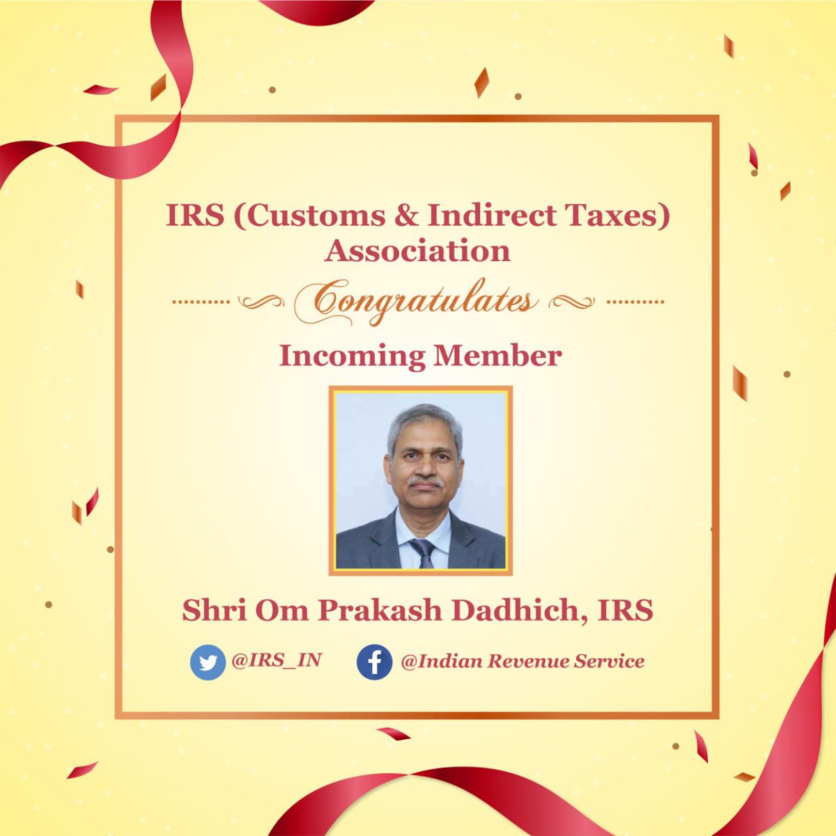 IRS_CIT's tweet photo. IRS (Customs &amp; Indirect Taxes) Association congratulates incoming @cbic_india Board Member Sh. Om Prakash Dadhich and wish him all the best for future endeavours. https://t.co/3iESV9JC1H