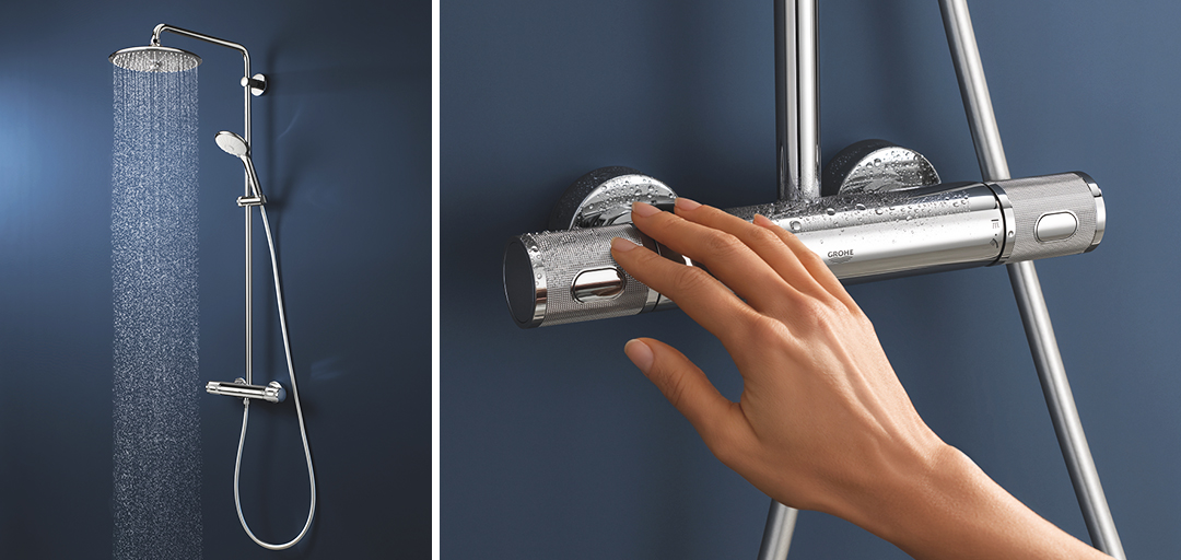 grohe's tweet photo. A cool solution for the whole family. 👉 The updated GROHE Euphoria range of #shower systems includes the #GROHE CoolTouch technology. It ensures that the thermostat's body will never get too hot to touch and eliminates the risk of scalding. 👨‍👩‍👧‍👦🚿 https://t.co/FWX43xfVXA
