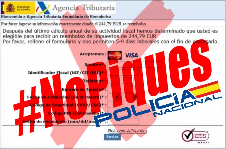 policia's tweet photo. ¿¿REALLY?? 🤔🤨

¿De verdad crees que la #AgenciaTributaria se pondría en contacto contigo a través de #email para pedirte los datos de tu tarjeta💳?

👇👇👇👇👇👇👇👇👇👇
❌NO❌ 

👉 Desconfía🧐
👉 Elimina🗑
👉 #NoPiques, es #phishing https://t.co/GUacKzoUKQ