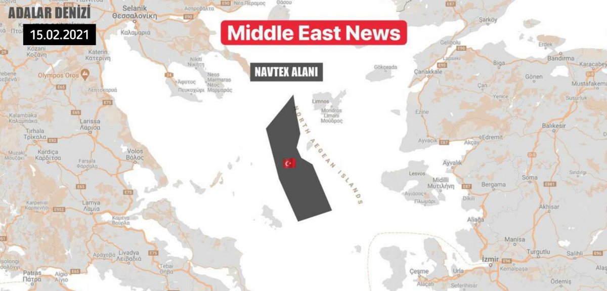  #Lemnos is among the islands in eastern  #Aegean which  #Turkey demands to be demilitarized. Also important is that the new  #navtex is located exactly at the point where Turkey claims the  #Aegean should be split - i.e. along the 25th meridian (see  #map in next tweet). >