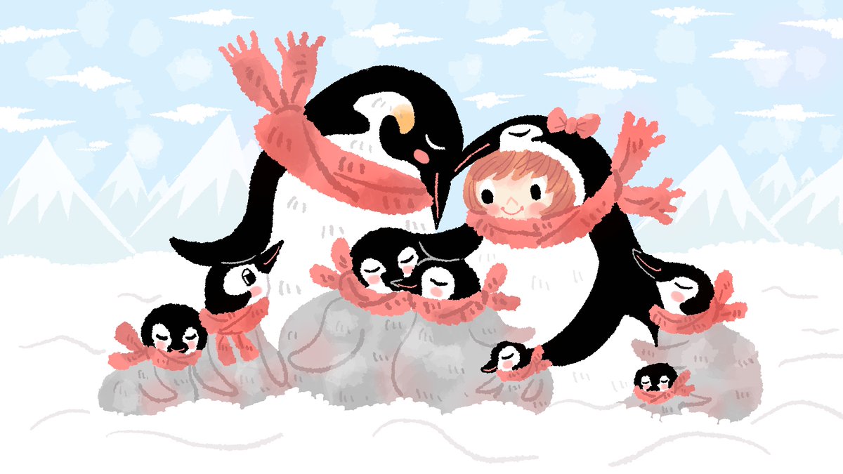 「「顔すりすりペンギン家族」 」|今日マトメのイラスト