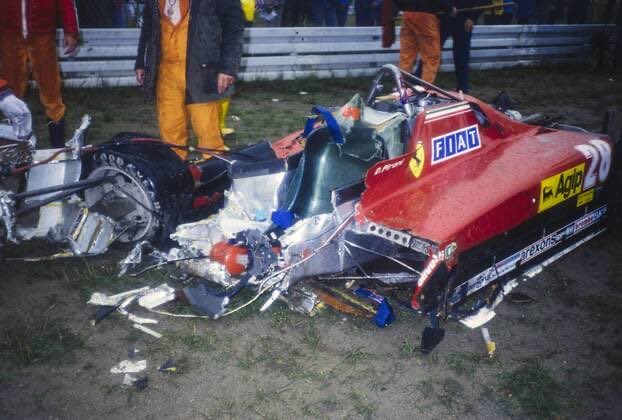 In the midst of an all out teammate rivalry that ended in the death of his teammate, 1982 F1 points leader Didier Pironi suffered career ending leg injuries when his car went airborne and speared into the grass nose first, like a dart. All his momentum just stopped.