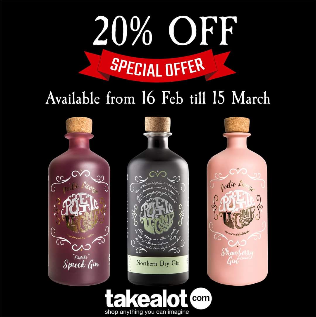 PoeticLicenseZA's tweet image. Don't miss our month long special on @TAKEALOT 

Our  Strawberry &amp;amp; Cream, Fireside &amp;amp; Northern Dry will be on sale from 16 Feb till 15 March

Visit takealot.co.za for more info

#PoeticLicenseDistilleryZA #CraftGin #PerfectPour