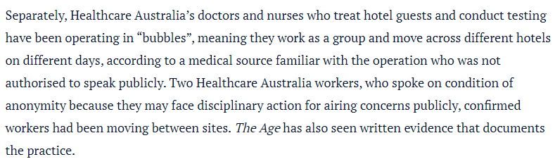 The two Healthcare Australia workers who 'confirmed workers had been moving between sites' does not mean employees are working in different hotels. Notice how the 'health source' who is 'familiar with the operation' use the term hotel but the actual workers use the term 'sites'.