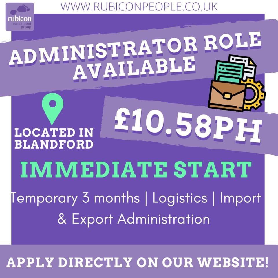 Website: rubiconpeople.co.uk

ADMINISTRATOR ROLES AVAILABLE | 10.58PH | BLANDFORD | IMMEDIATE STARTS 

Are you looking for a temporary administrator opportunity? This is the perfect role for you! Visit our website to browse through our fantastic vacancies &amp; apply directly🎉