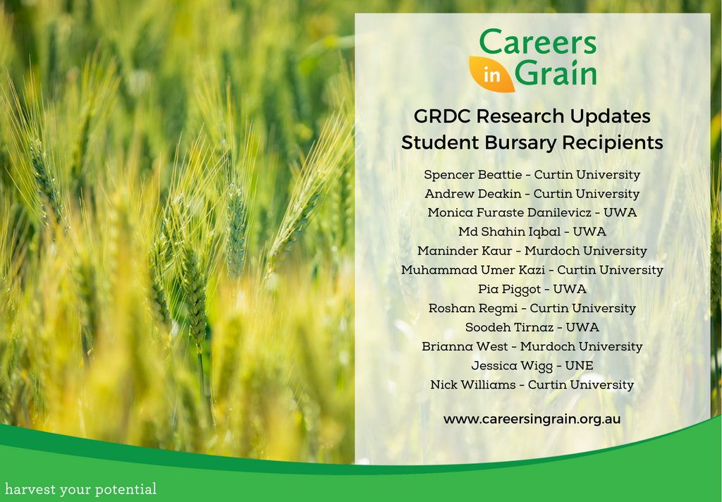 Congratulations to the 12 winners of the Careers in Grain Bursary to attend the @theGRDC Research Updates in Perth next week! @GrainIndustryWA @CurtinUni @uwanews @MurdochUni @UniNewEngland