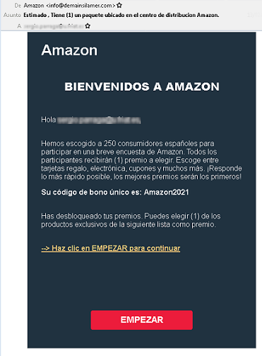 ⚠#ALERTA❗Detectada campaña de emails 📧  falsos que suplantan a Amazon. El link redirige a una web fraudulenta (#phishing) con una encuesta para optar a productos y tarjetas de regalo, pero debes facilitar tus datos personales y bancarios. #NoPiques
ℹ👇
osi.es/es/actualidad/…