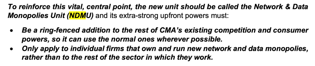 The planned Digital Markets Unit in CMA to be changed to a Network + Data Monopoly Unit (NDMU) with a reduced scope of regulating monopolistic companies rather than the sectors in which they operate